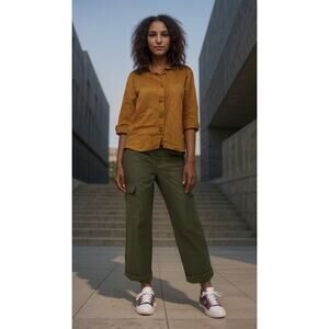 United Colors Of Benetton Women's Blouse Button Up Linen Sz M Rust/ Orange